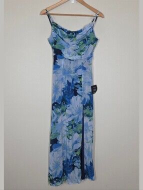 Lulus Light Blue Flowery Passion Midi Dress Front Slit Cowl Neck XS Fairy Formal